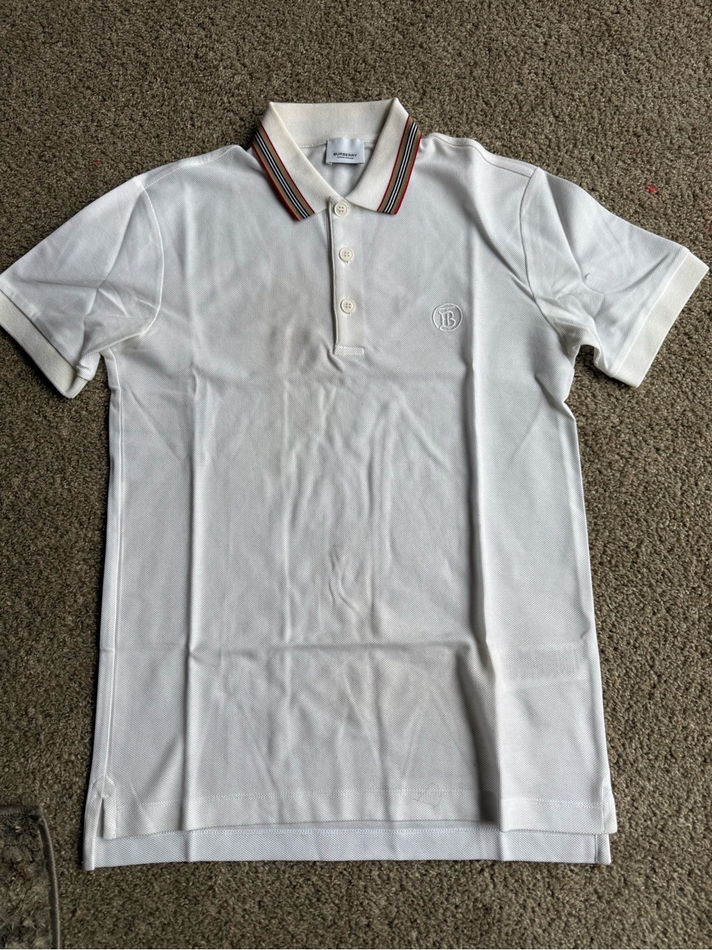 Burberry White Polo with Multicolor Striped Collar